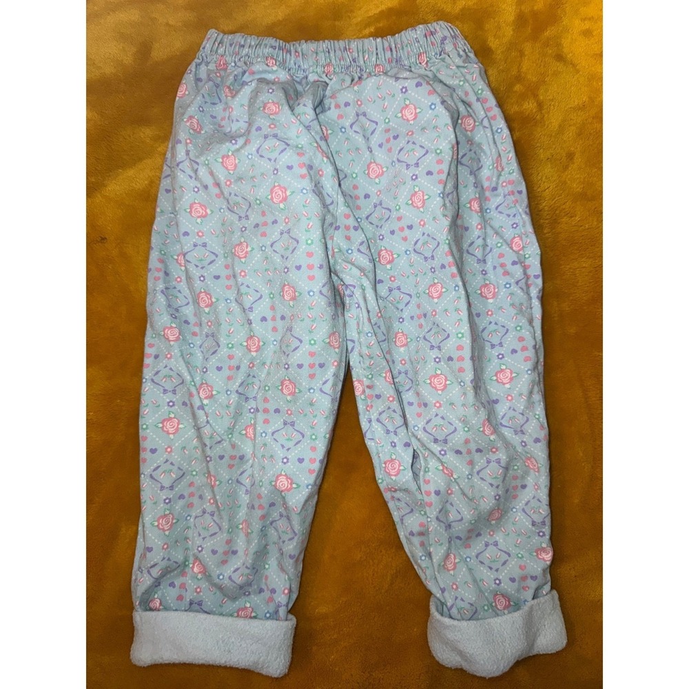 Vtg 90s Toddler Girls Blue Floral Rose Heart Fleece Trim Pants 24M Retro
